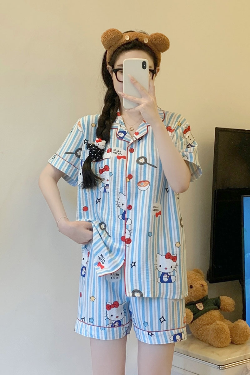 Summer Cloud Cotton Homewear Women Short Sleeve Shorts 2 Pcs Breathabl photo 4 (style local-云朵棉双短)