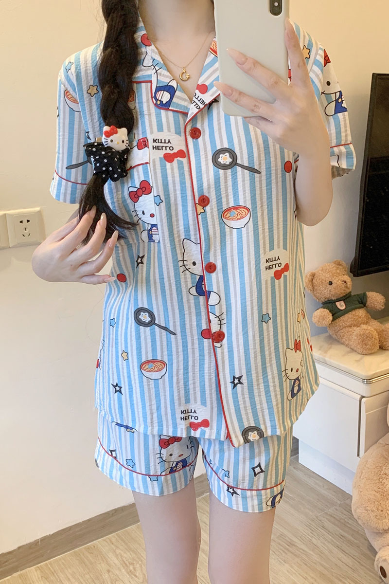 Summer Cloud Cotton Homewear Women Short Sleeve Shorts 2 Pcs Breathabl photo 5 (style local-云朵棉双短)