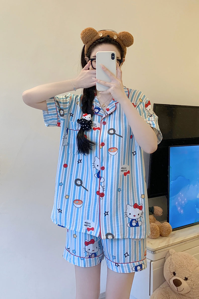 Summer Cloud Cotton Homewear Women Short Sleeve Shorts 2 Pcs Breathabl photo 6 (style local-云朵棉双短)