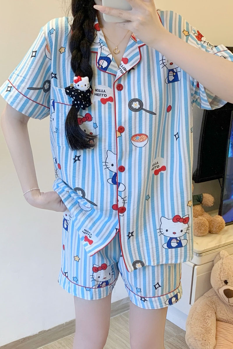 Summer Cloud Cotton Homewear Women Short Sleeve Shorts 2 Pcs Breathabl photo 7 (style local-云朵棉双短)