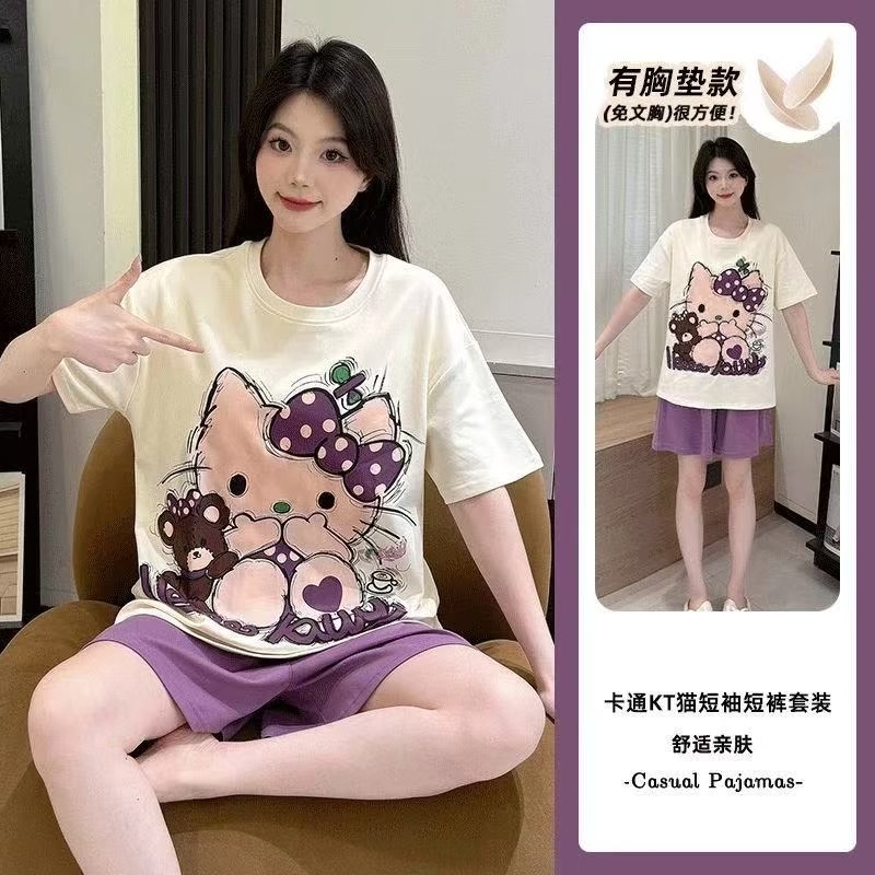 Summer Cloud Cotton With Pads Homewear Women Short Sleeve Shorts 2 Pcs Breathable Wholesale