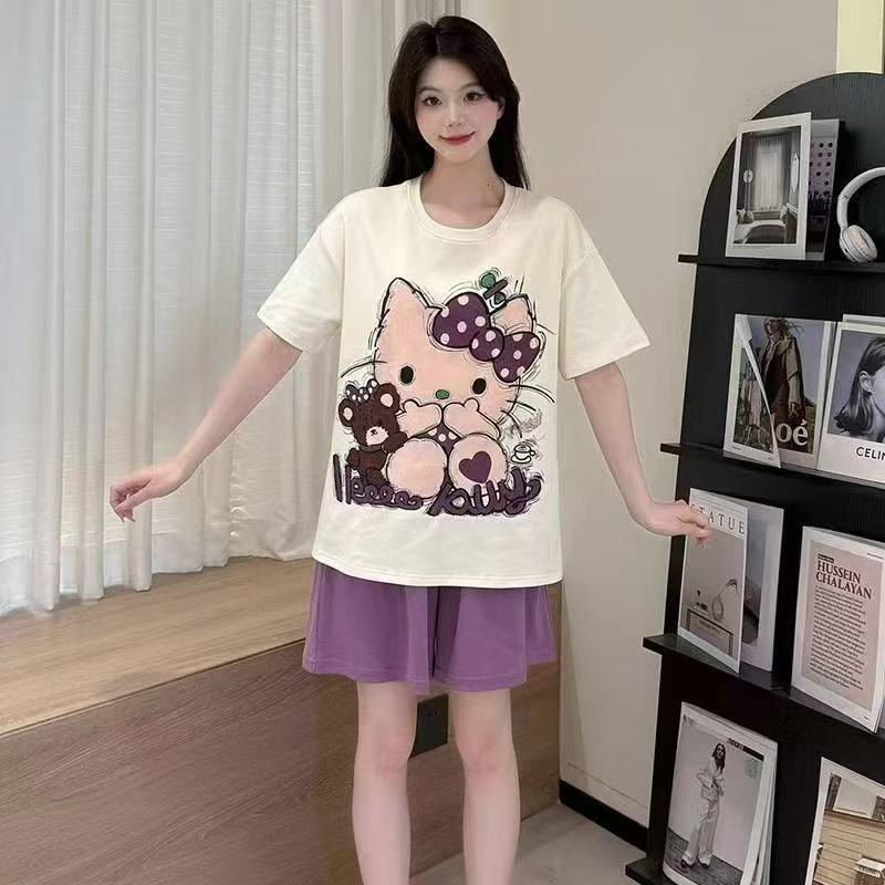 Summer Cloud Cotton With Pads Homewear Women Short Sleeve Shorts 2 Pcs photo 2 (style 105)