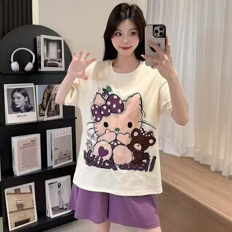 Summer Cloud Cotton With Pads Homewear Women Short Sleeve Shorts 2 Pcs photo 4 (style 105)