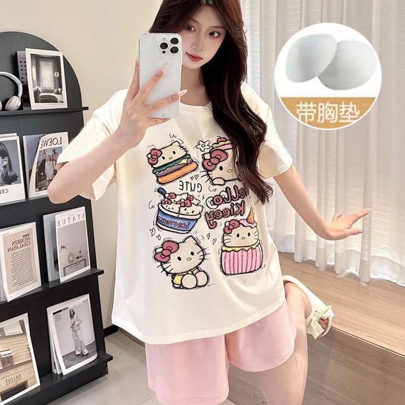 Summer Cloud Cotton With Pads Homewear Women Short Sleeve Shorts 2 Pcs photo 5 (style 105)