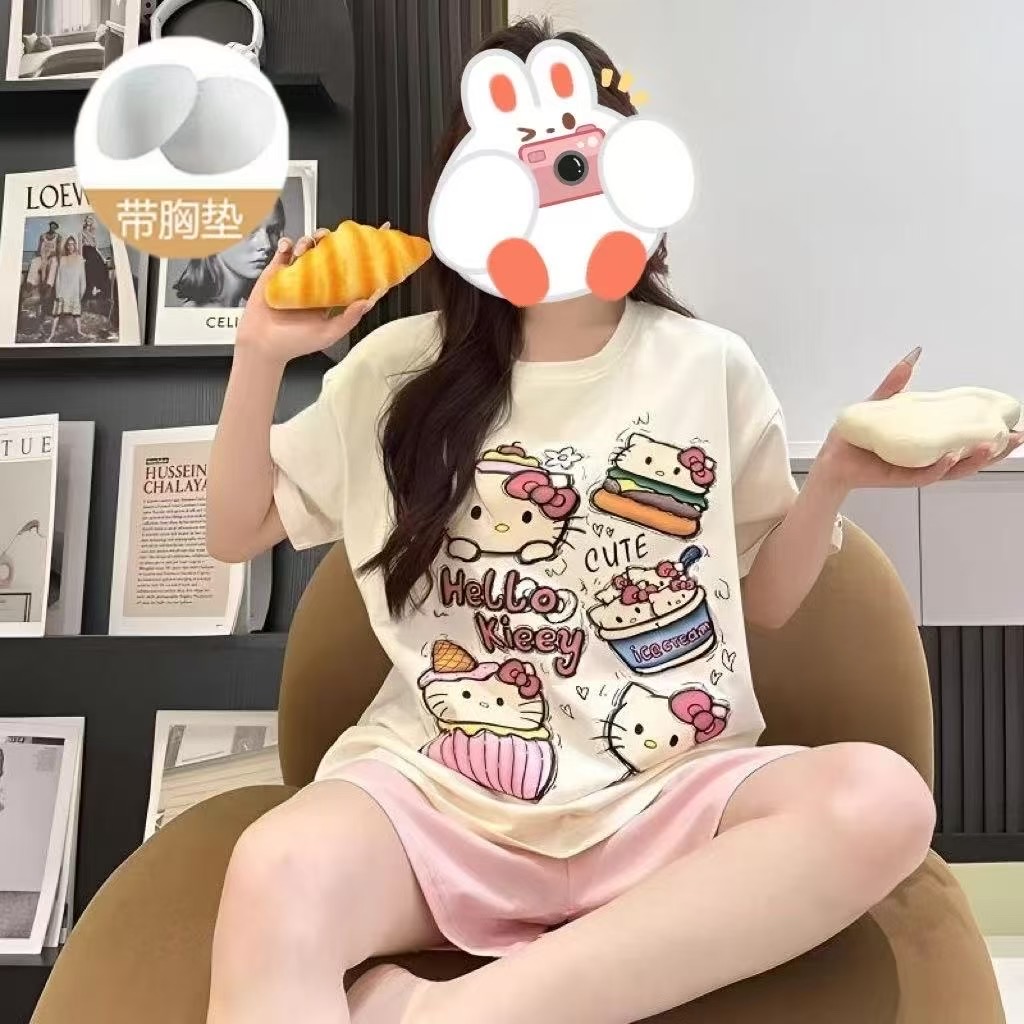 Summer Cloud Cotton With Pads Homewear Women Short Sleeve Shorts 2 Pcs photo 6 (style 105)