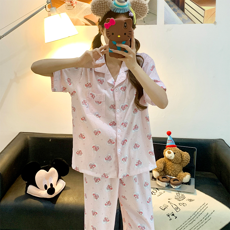 Summer Cloud Cotton Homewear Women Short Sleeve Shorts 2 Pcs Breathabl photo 1 (style local-云朵棉短长)
