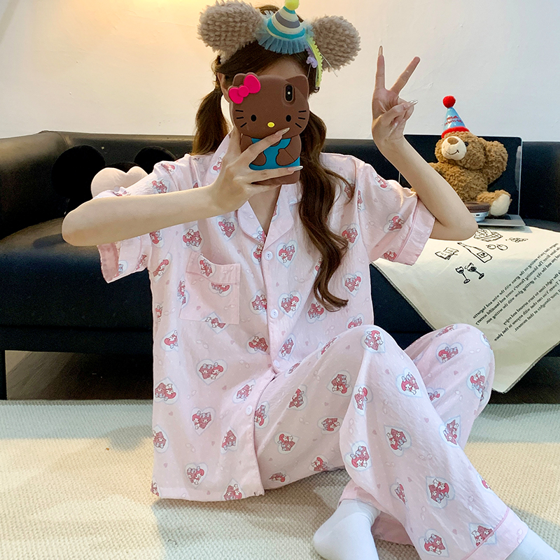 Summer Cloud Cotton Homewear Women Short Sleeve Shorts 2 Pcs Breathabl photo 2 (style local-云朵棉短长)