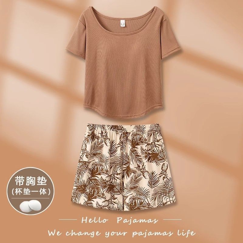 Summer Cotton-Like With Pads Homewear Women Short Sleeve Shorts 2 Pcs Breathable Wholesale