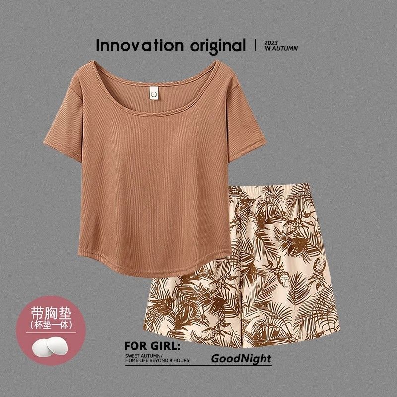Summer Cotton-Like With Pads Homewear Women Short Sleeve Shorts 2 Pcs photo 3 (style 12)