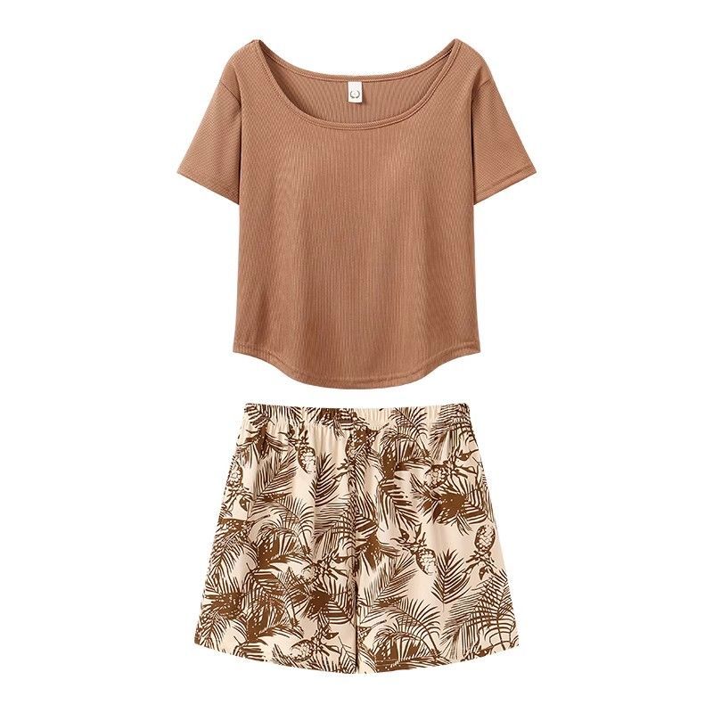 Summer Cotton-Like With Pads Homewear Women Short Sleeve Shorts 2 Pcs photo 5 (style 12)