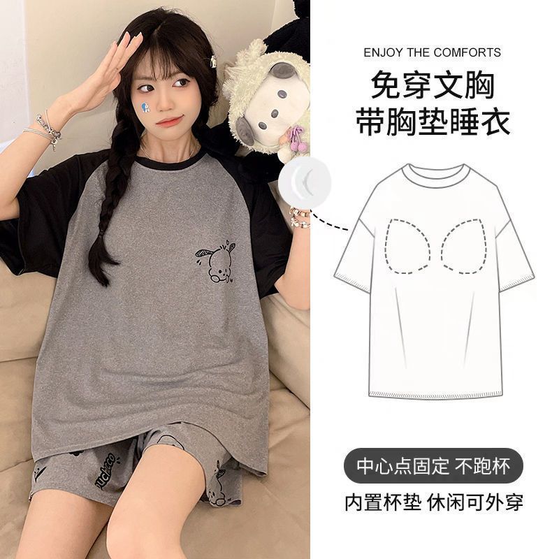 Summer Cotton-Like With Pads Homewear Women Short Sleeve Shorts 2 Pcs photo 1 (style 14)