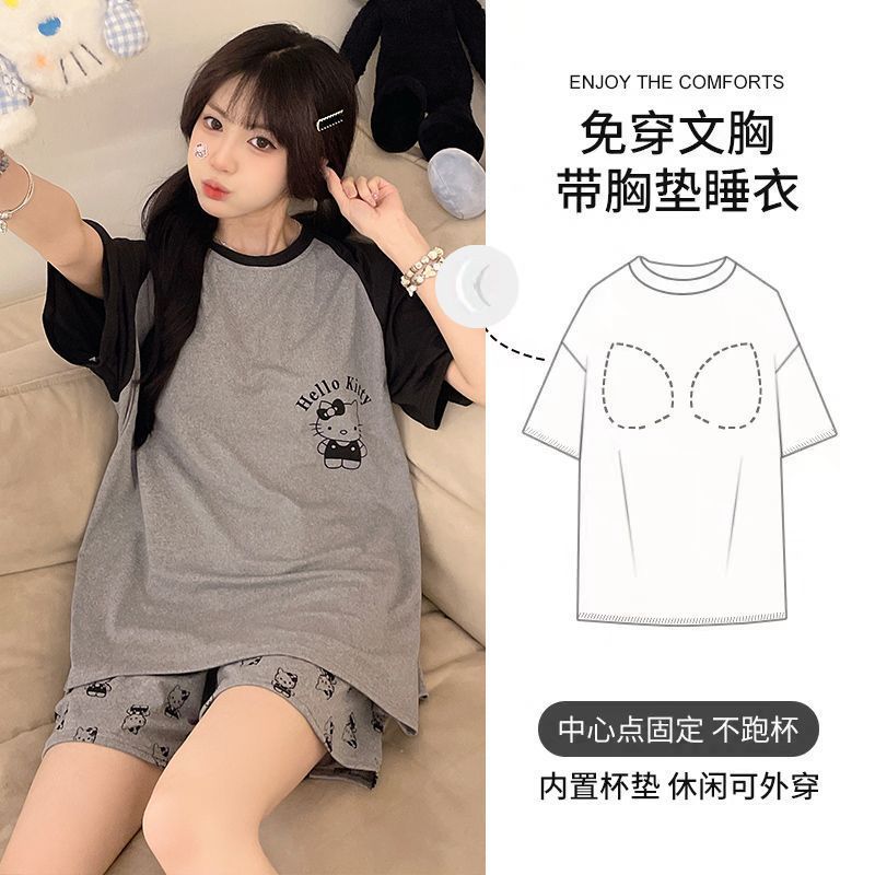 Summer Cotton-Like With Pads Homewear Women Short Sleeve Shorts 2 Pcs photo 4 (style 14)
