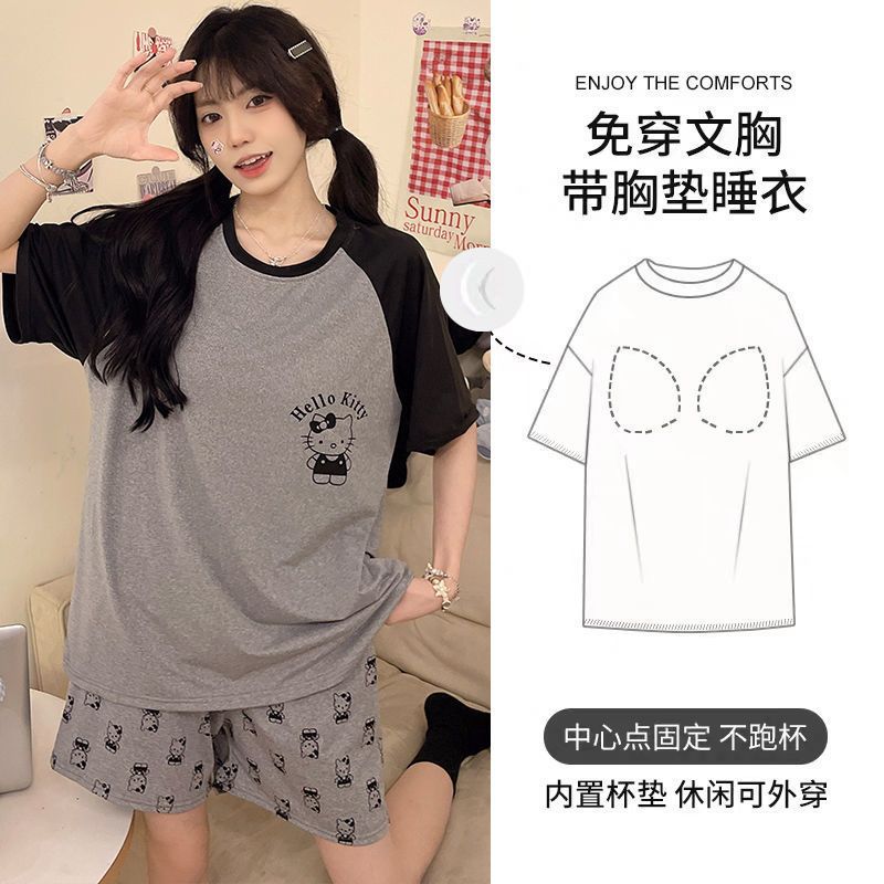 Summer Cotton-Like With Pads Homewear Women Short Sleeve Shorts 2 Pcs photo 5 (style 14)