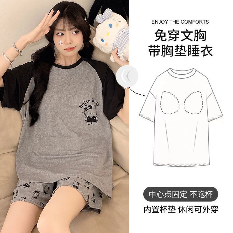 Summer Cotton-Like With Pads Homewear Women Short Sleeve Shorts 2 Pcs photo 6 (style 14)