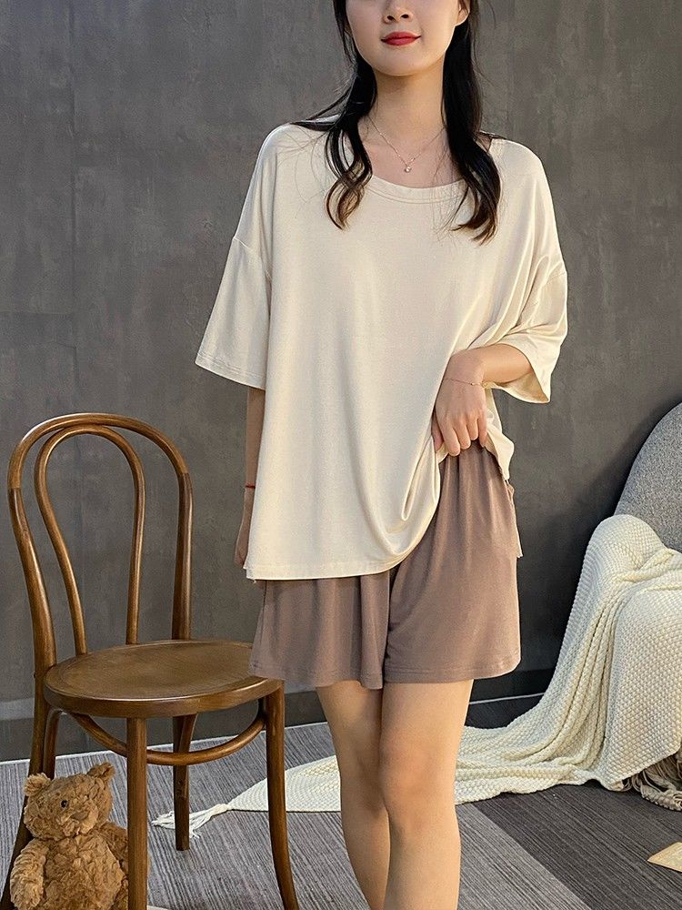 Summer Cotton-Like With Pads Homewear Women Short Sleeve Shorts 2 Pcs photo 4 (style 13)