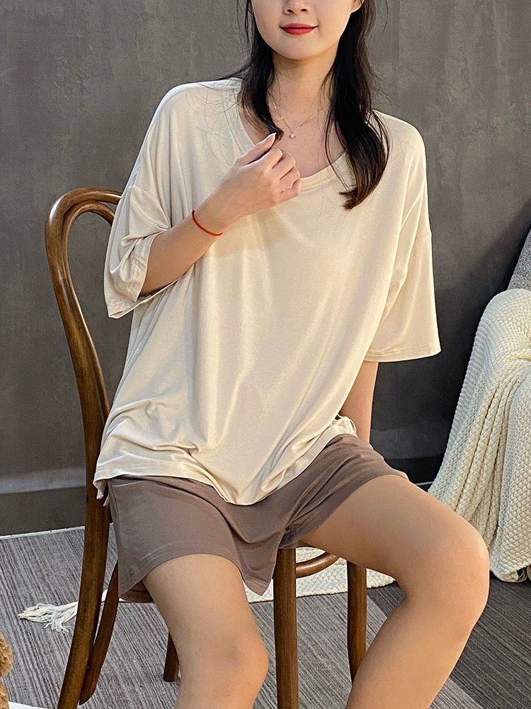Summer Cotton-Like With Pads Homewear Women Short Sleeve Shorts 2 Pcs photo 5 (style 13)