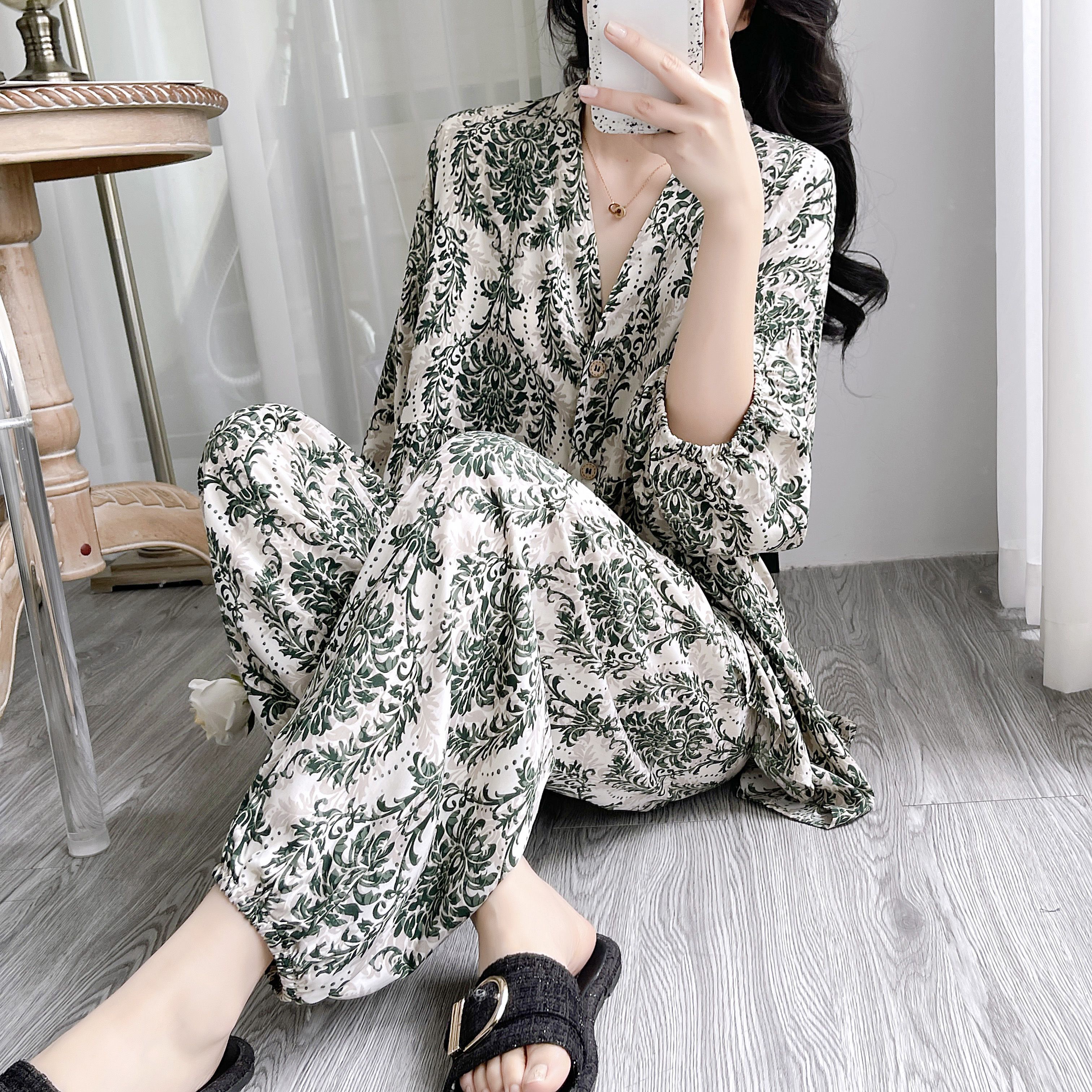 Summer Cotton-Like Long Sleeve Cardigan Homewear Women Short Sleeve Shorts 2 Pcs Wholesale