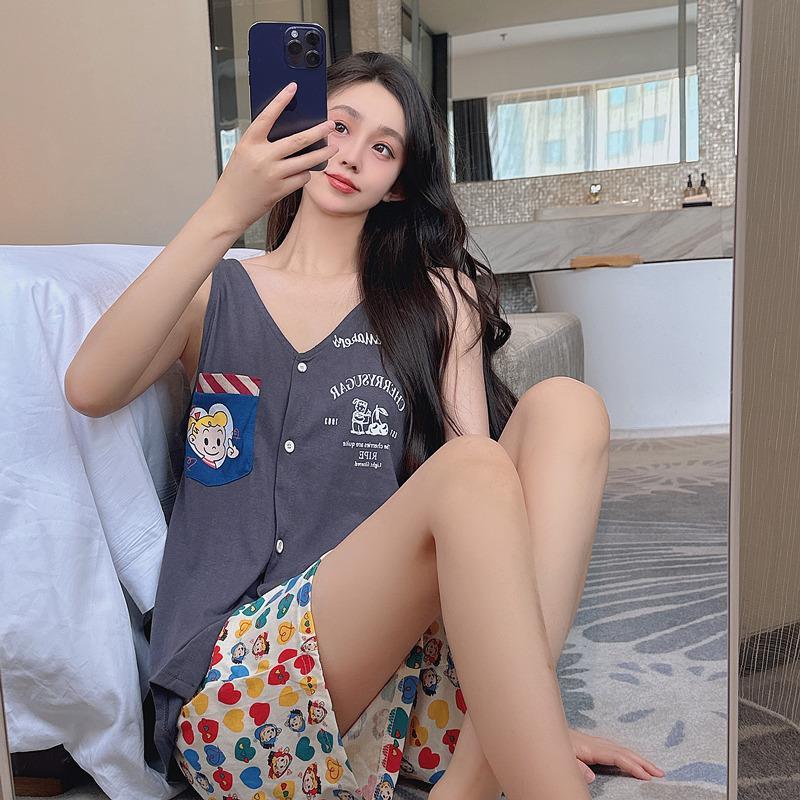Summer Cotton-Like Cardigan Vest Homewear Women Short Sleeve Shorts 2 photo 5 (style 14)