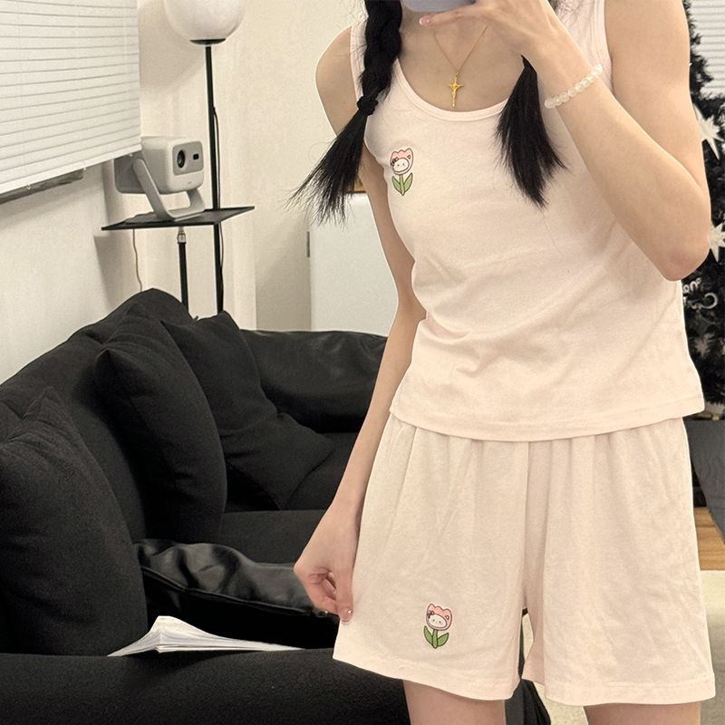 Summer Cotton-Like Vest Homewear Women Short Sleeve Shorts 2 Pcs Breathable Wholesale