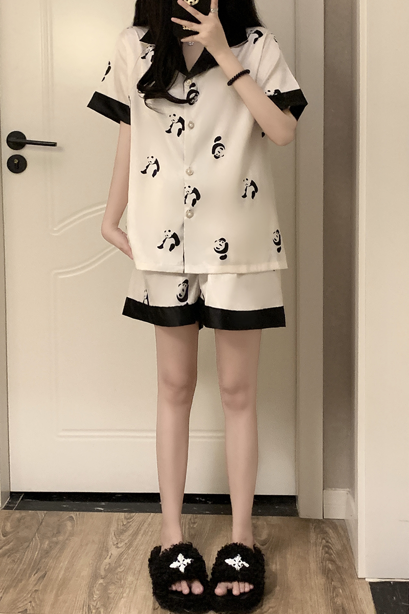 Summer Ice Silk Homewear Women Short Sleeve Shorts 2 Pcs Breathable Co photo 3 (style local-冰丝双短)