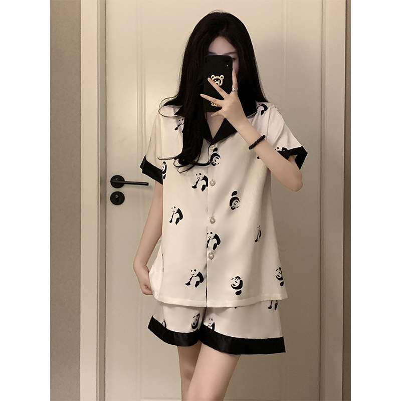 Summer Ice Silk Homewear Women Short Sleeve Shorts 2 Pcs Breathable Co photo 6 (style local-冰丝双短)