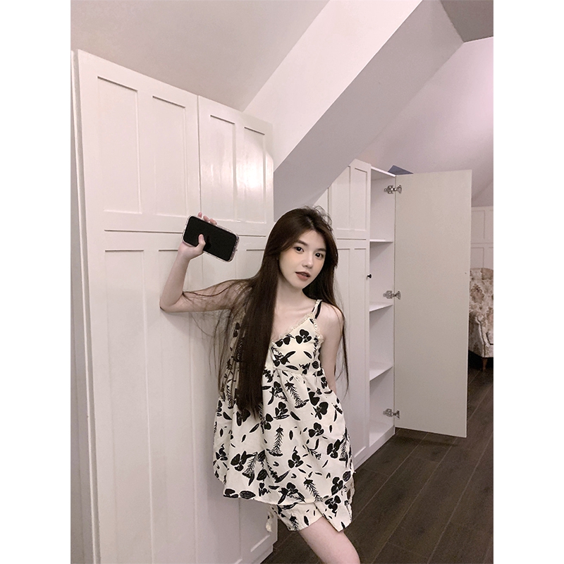 Summer Ice Silk Camisole Homewear Women Short Sleeve Shorts 2 Pcs Brea photo 5 (style local-冰丝吊带)