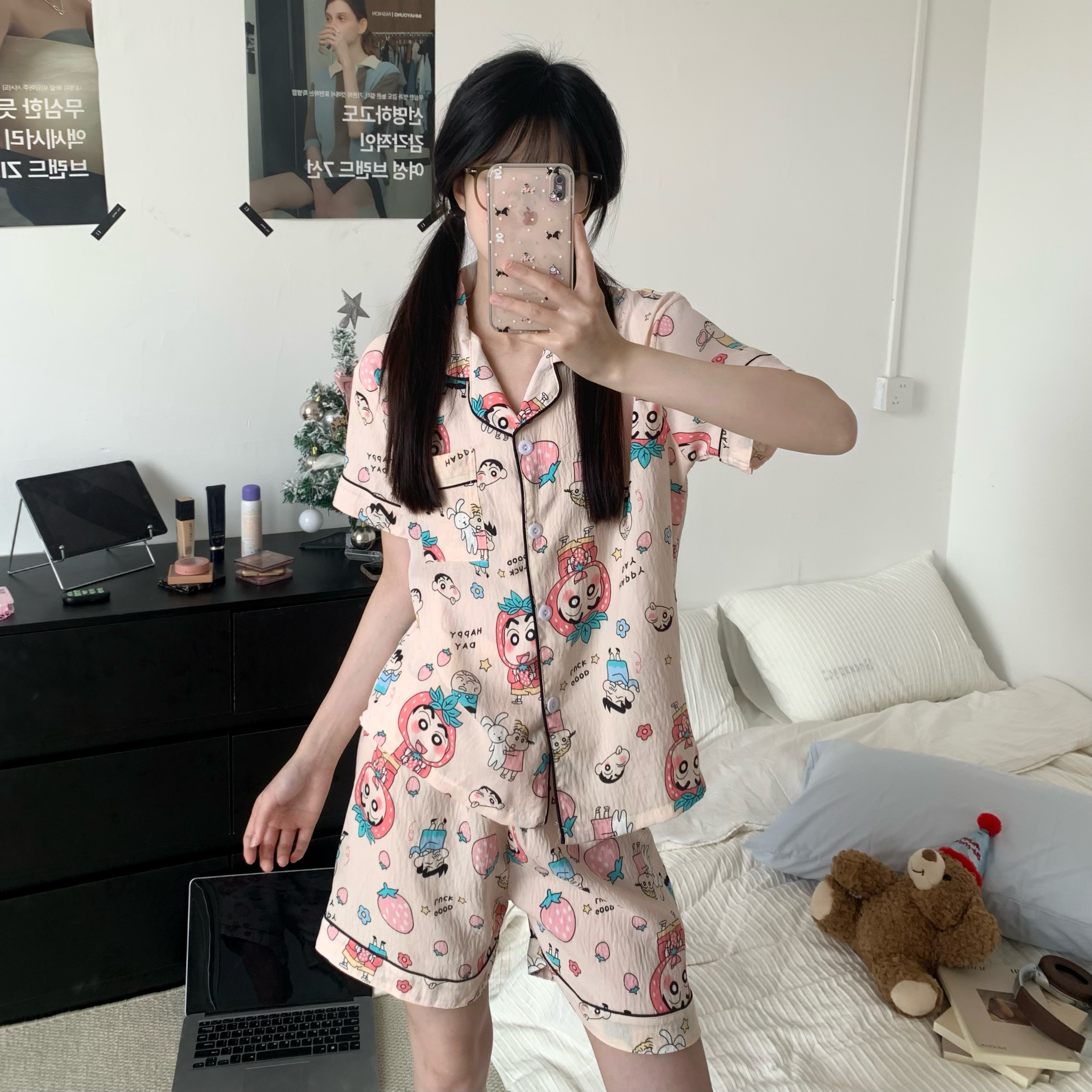 Summer Cloud Cotton Cardigan Homewear Women Short Sleeve Shorts 2 Pcs photo 2 (style 17)