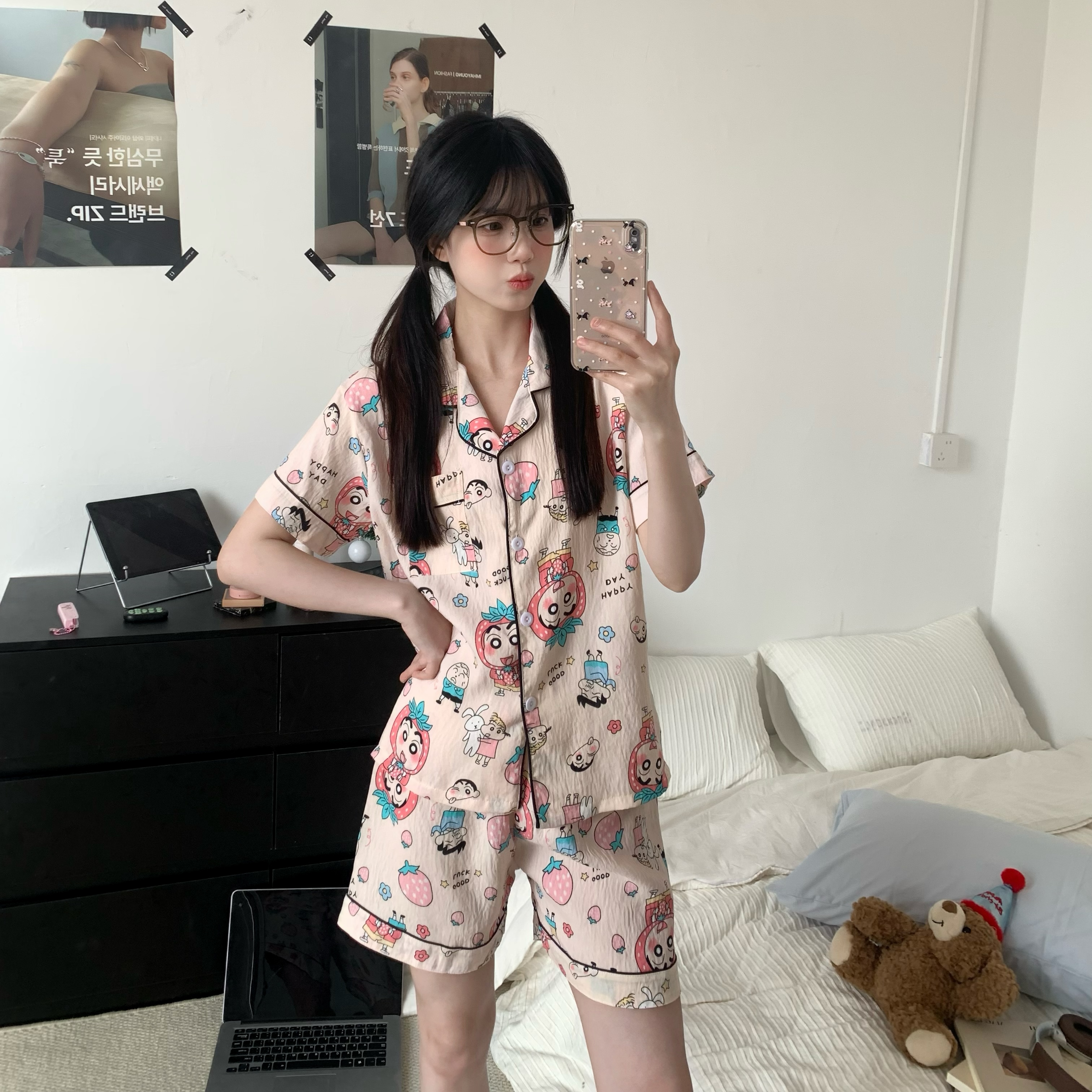 Summer Cloud Cotton Cardigan Homewear Women Short Sleeve Shorts 2 Pcs photo 3 (style 17)