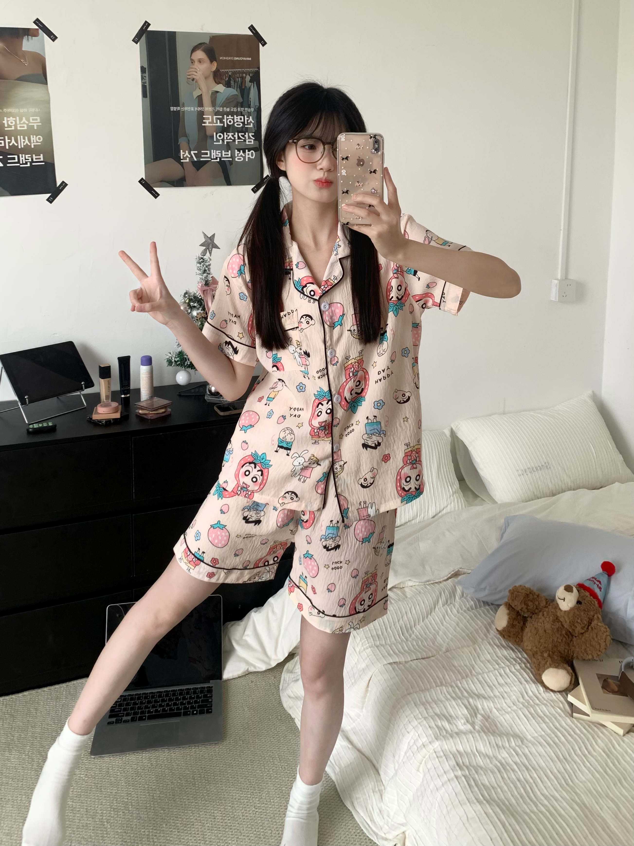 Summer Cloud Cotton Cardigan Homewear Women Short Sleeve Shorts 2 Pcs photo 4 (style 17)