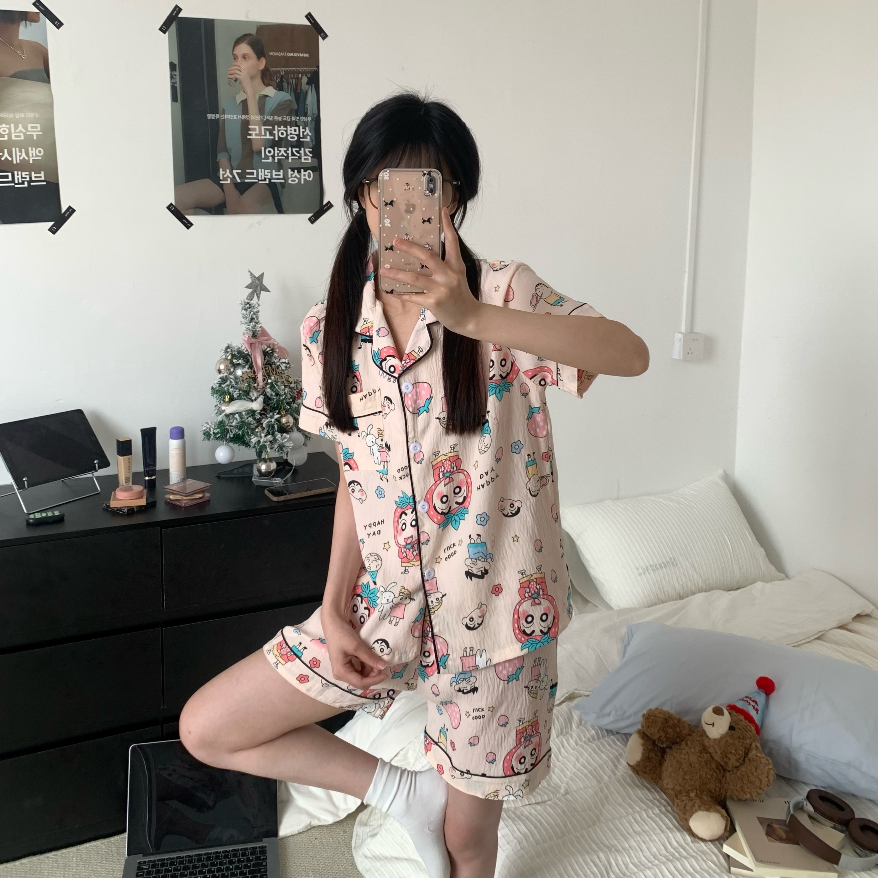 Summer Cloud Cotton Cardigan Homewear Women Short Sleeve Shorts 2 Pcs photo 7 (style 17)