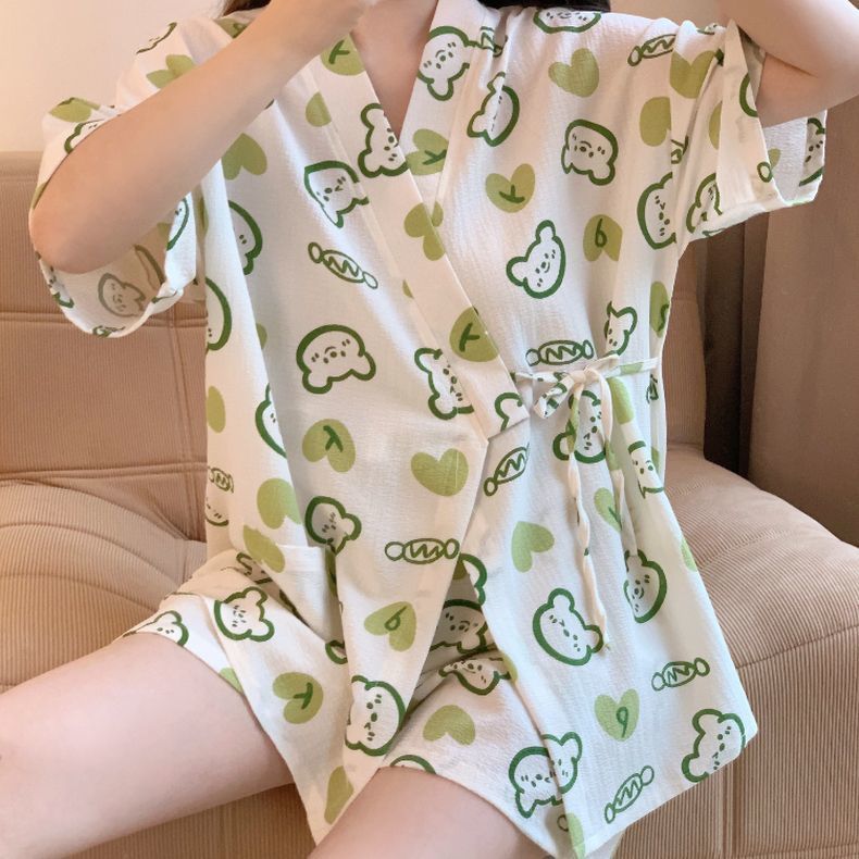 Summer Cotton Cardigan Homewear Women Short Sleeve Shorts 2 Pcs Breath photo 7 (style 15)