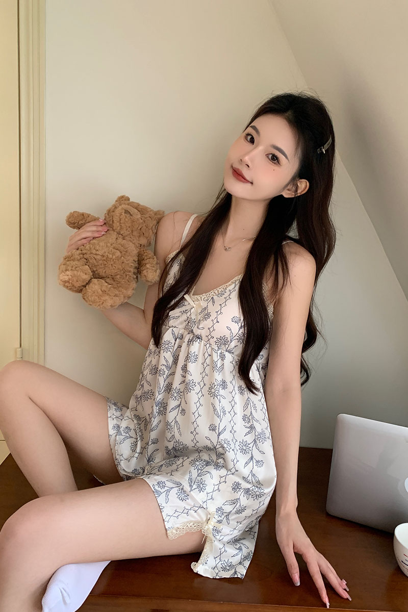 Summer Cotton Camisole Homewear Women Short Sleeve Shorts 2 Pcs Breath photo 3 (style local-吊带套装)