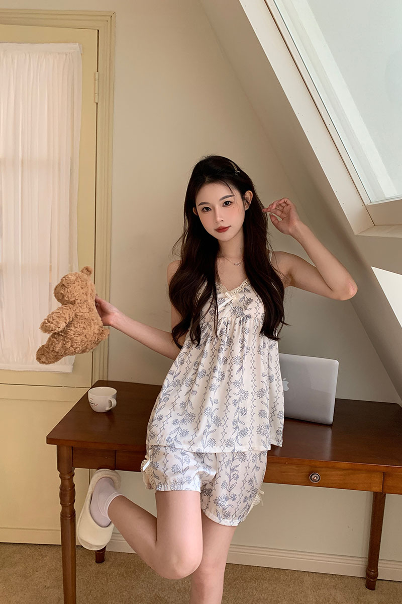 Summer Cotton Camisole Homewear Women Short Sleeve Shorts 2 Pcs Breath photo 7 (style local-吊带套装)