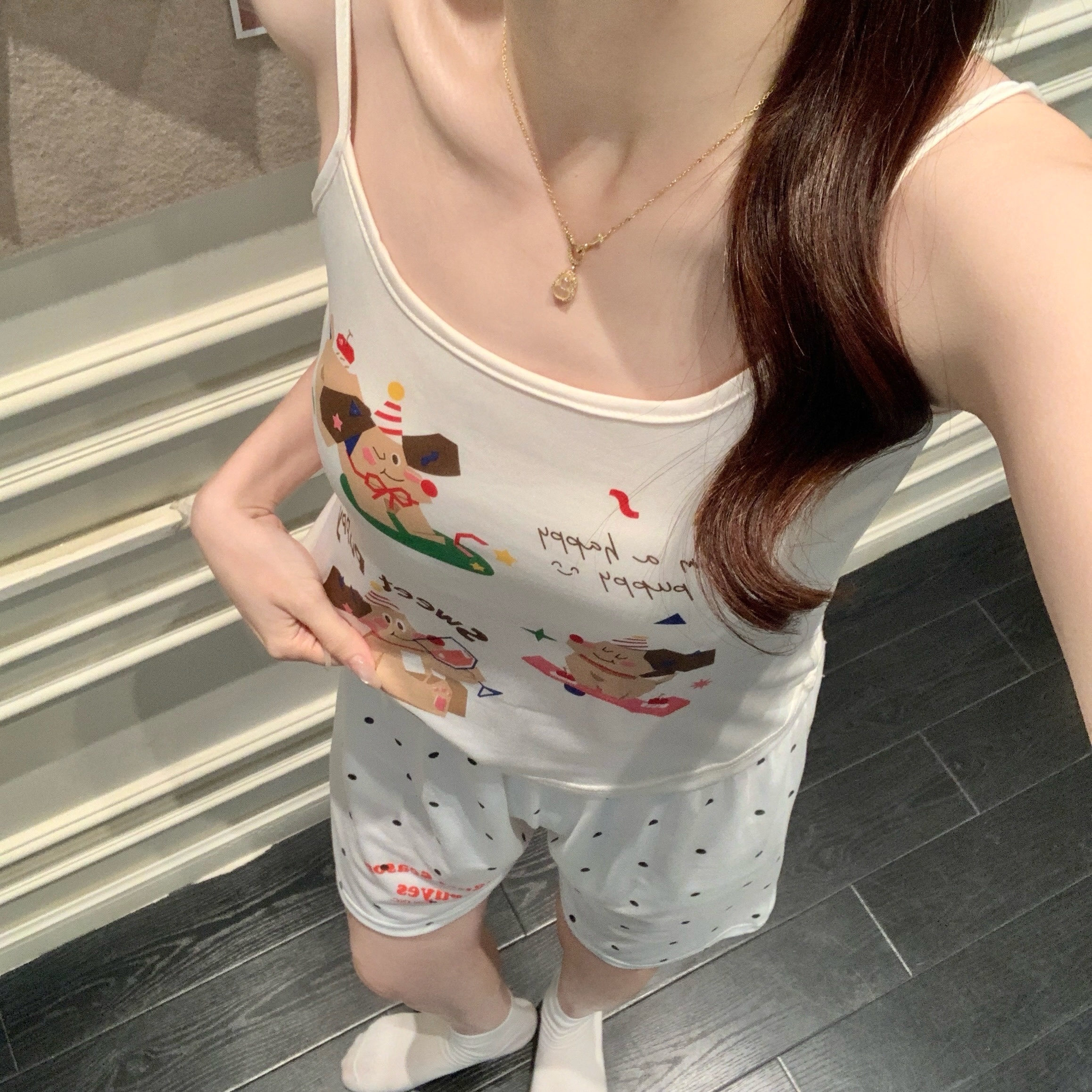 Summer Cotton Camisole Homewear Women Short Sleeve Shorts 2 Pcs Breath photo 1 (style local-吊带新图)