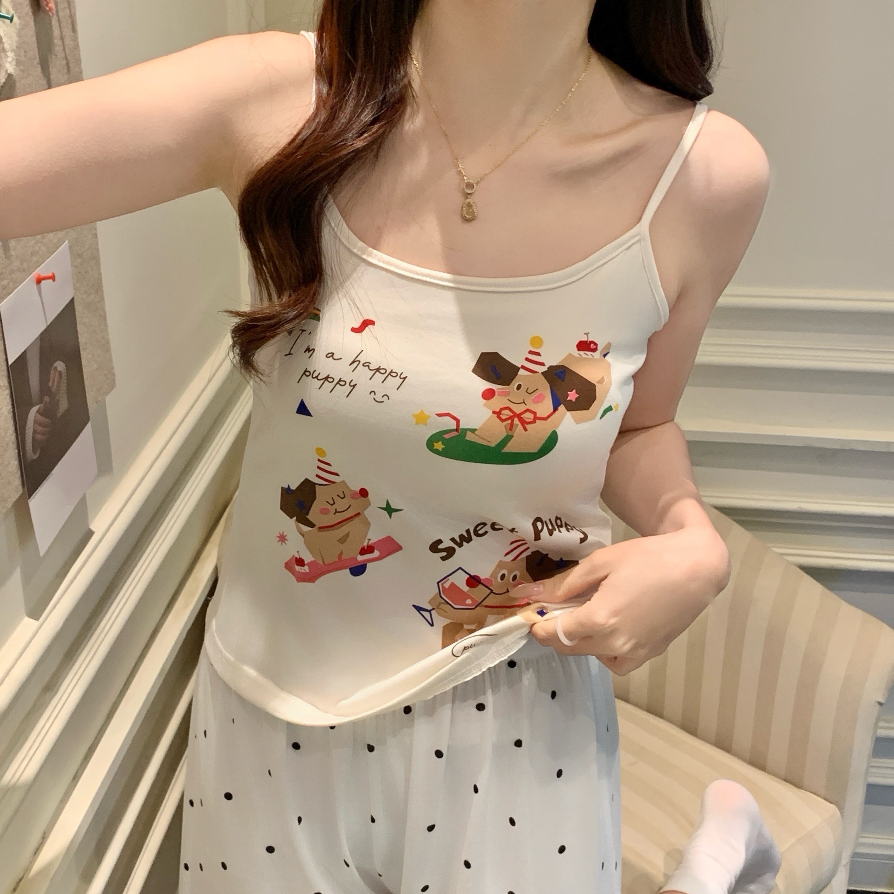 Summer Cotton Camisole Homewear Women Short Sleeve Shorts 2 Pcs Breath photo 2 (style local-吊带新图)