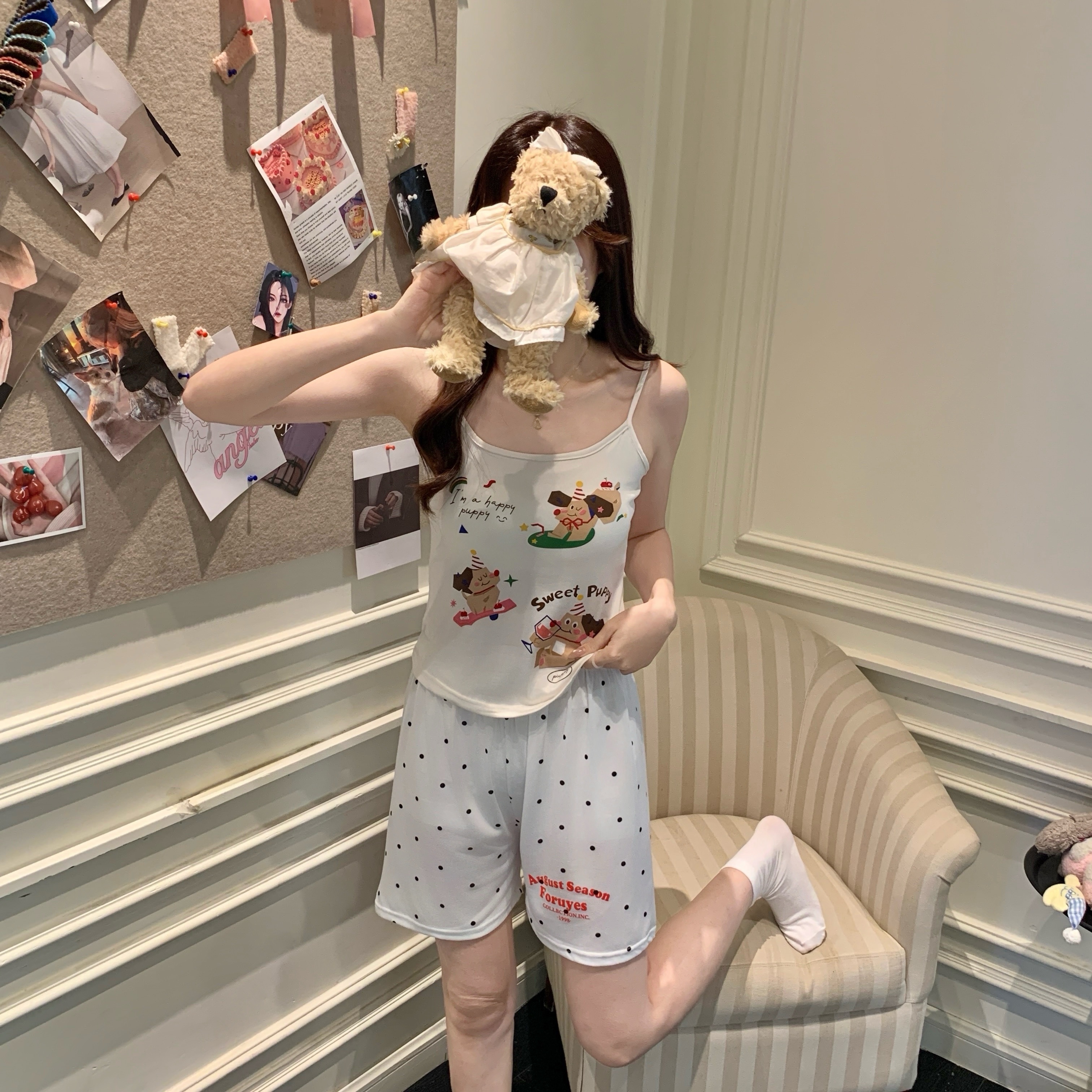 Summer Cotton Camisole Homewear Women Short Sleeve Shorts 2 Pcs Breath photo 3 (style local-吊带新图)