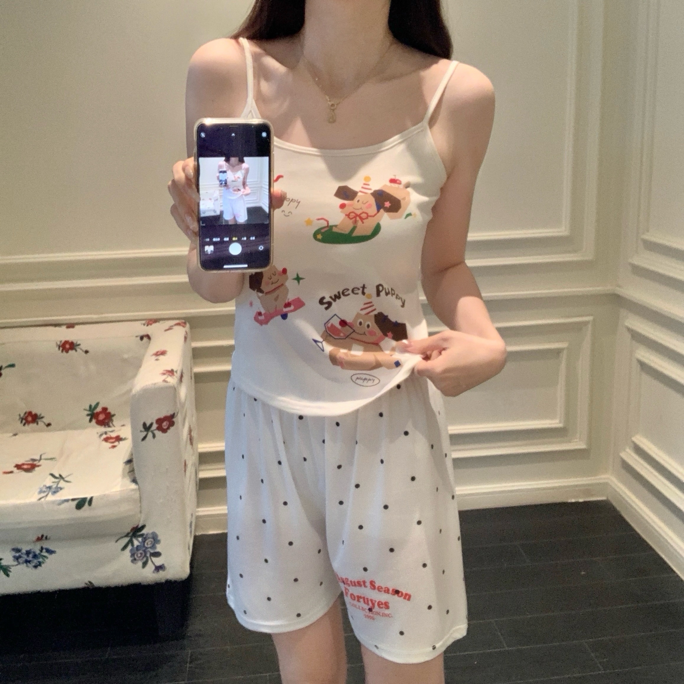 Summer Cotton Camisole Homewear Women Short Sleeve Shorts 2 Pcs Breath photo 6 (style local-吊带新图)