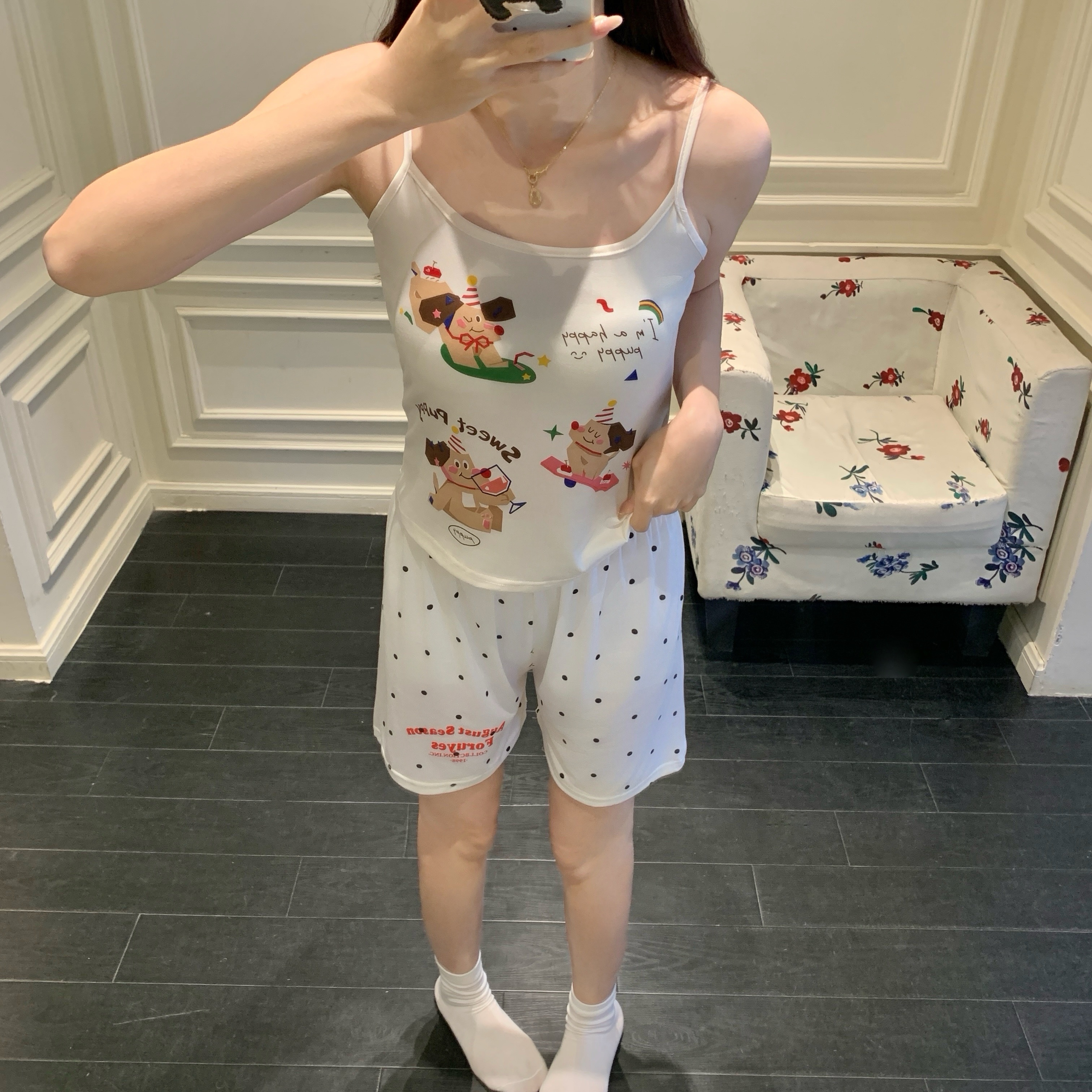 Summer Cotton Camisole Homewear Women Short Sleeve Shorts 2 Pcs Breath photo 7 (style local-吊带新图)