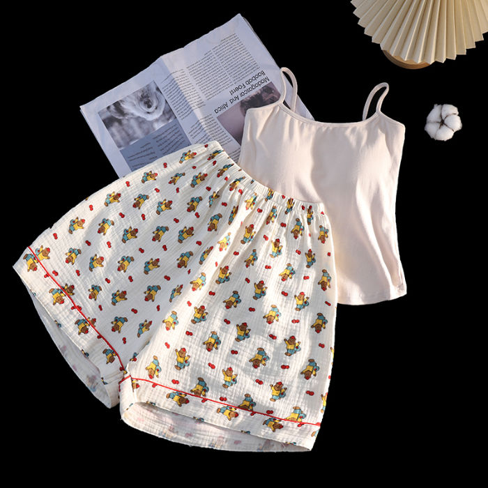 Summer Cotton With Pads Camisole Homewear Women Short Sleeve Shorts 2 Pcs Wholesale