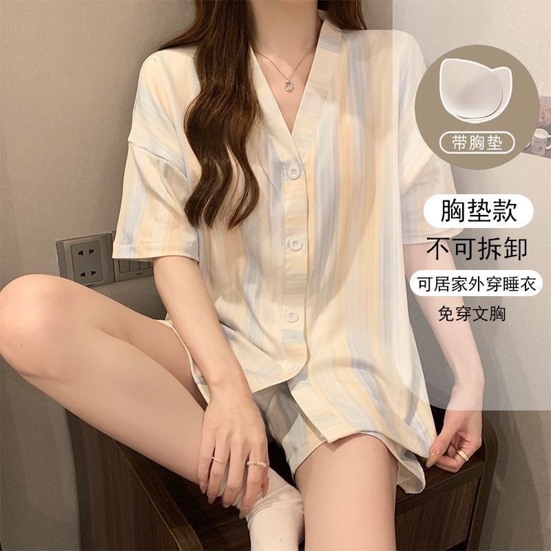 Summer Cotton With Pads Cardigan Homewear Women Short Sleeve Shorts 2 photo 2 (style 15)