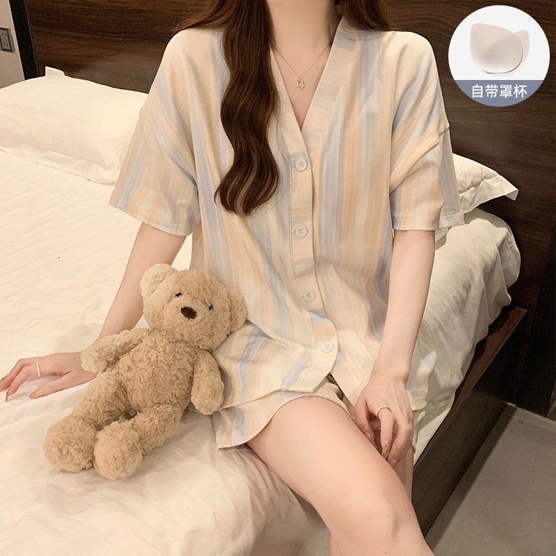 Summer Cotton With Pads Cardigan Homewear Women Short Sleeve Shorts 2 photo 3 (style 15)