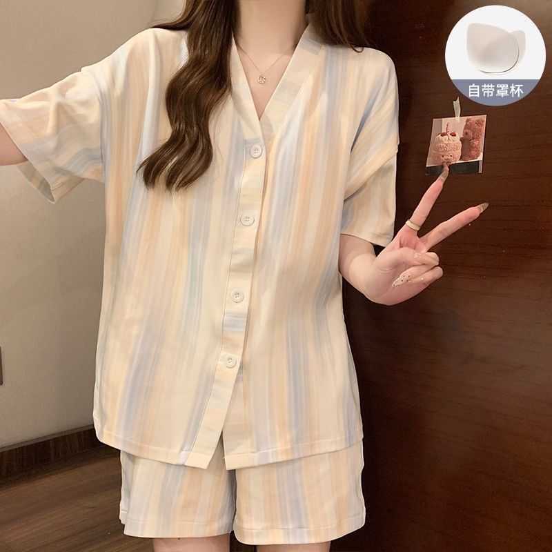 Summer Cotton With Pads Cardigan Homewear Women Short Sleeve Shorts 2 photo 4 (style 15)