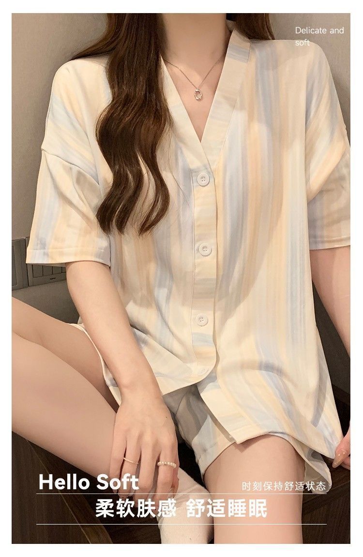 Summer Cotton With Pads Cardigan Homewear Women Short Sleeve Shorts 2 photo 7 (style 15)