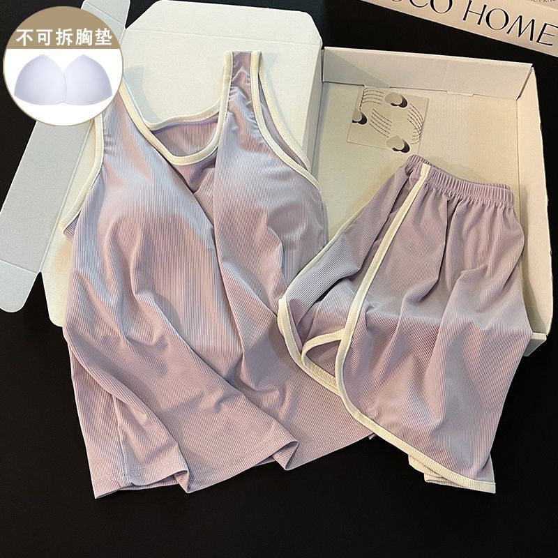 Summer Ice Silk With Pads Vest Homewear Women Short Sleeve Shorts 2 Pcs Wholesale