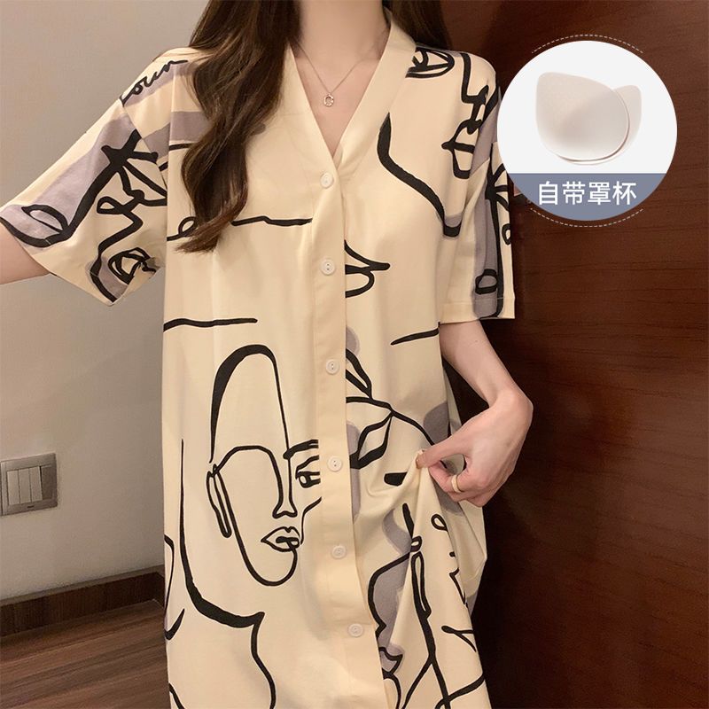 Summer Cotton With Pads Cardigan Nightgown Women Loose Slim Breathable photo 2 (style 13)