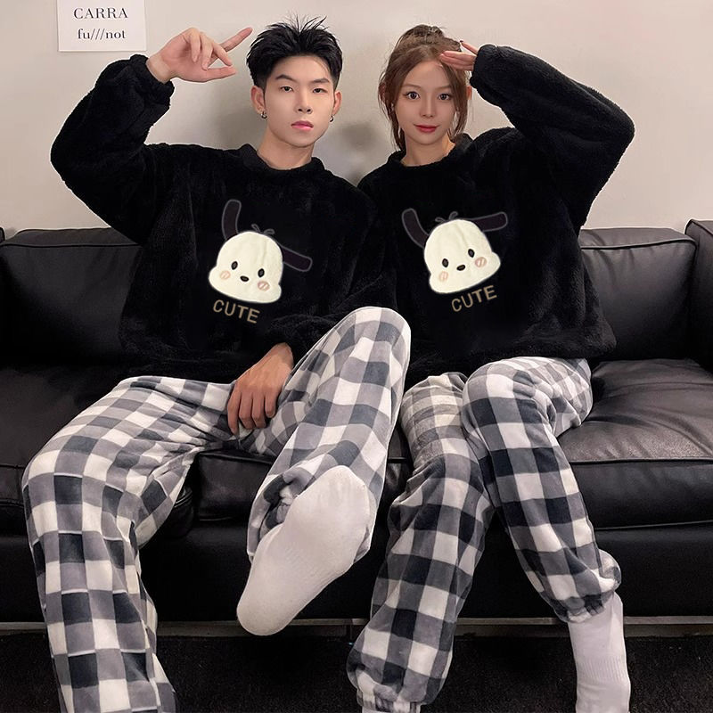 Autumn Winter Flannel Couple Homewear Women Short Sleeve Shorts 2 Pcs photo 1 (style 25)
