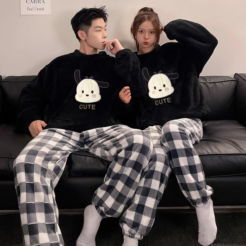 Autumn Winter Flannel Couple Homewear Women Short Sleeve Shorts 2 Pcs photo 2 (style 25)