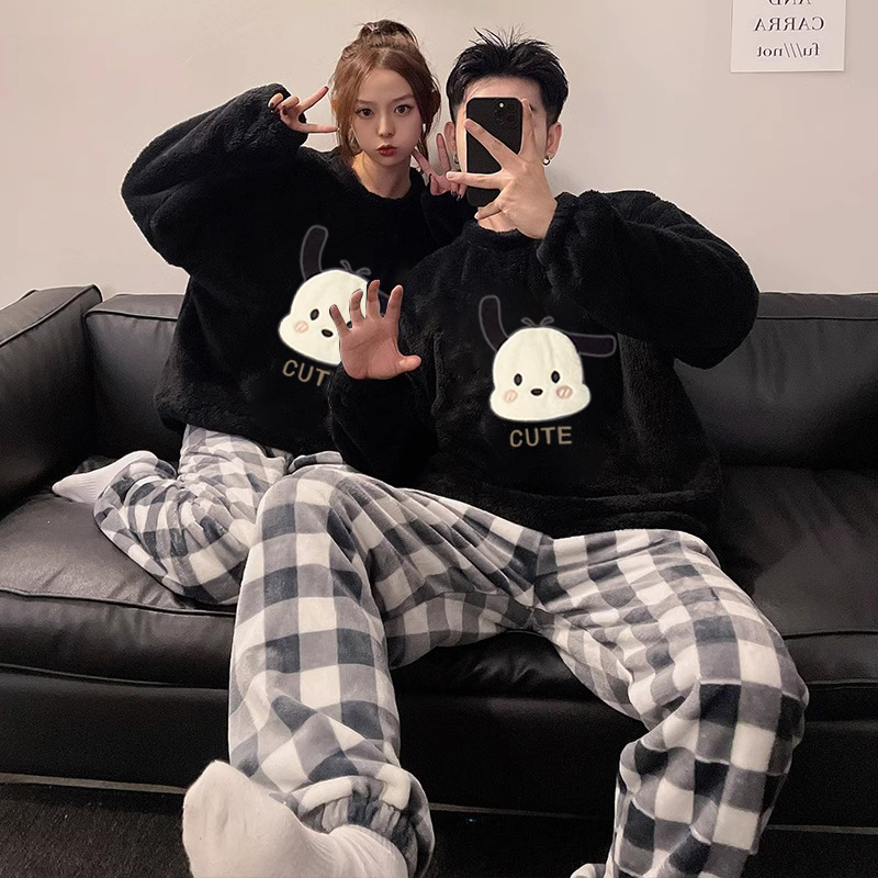 Autumn Winter Flannel Couple Homewear Women Short Sleeve Shorts 2 Pcs photo 3 (style 25)