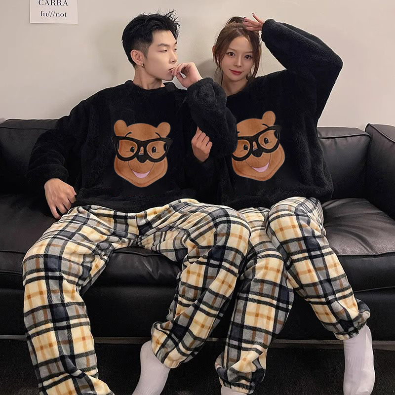 Autumn Winter Flannel Couple Homewear Women Short Sleeve Shorts 2 Pcs photo 6 (style 25)