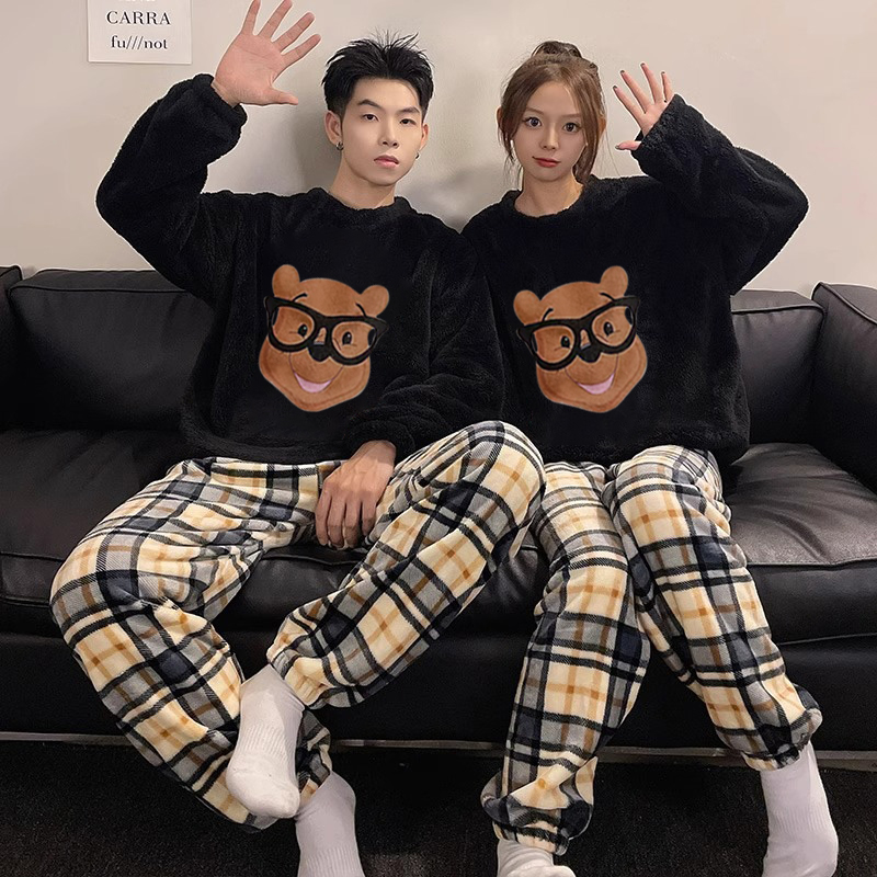 Autumn Winter Flannel Couple Homewear Women Short Sleeve Shorts 2 Pcs photo 7 (style 25)